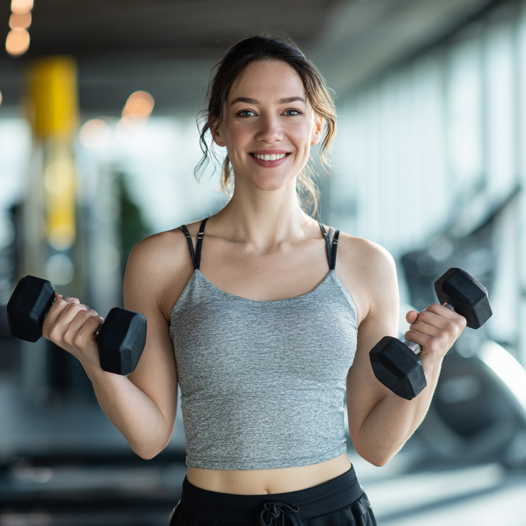 Group of smiling Ukrainian adults in athletic wear demonstrating strength exercises in a modern fitness environment